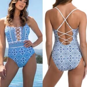 La Blanca Mediterranean Breeze Lace-Up One Piece Swimsuit Blue 14 NWT